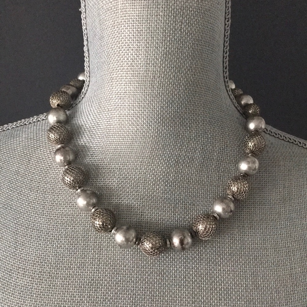 Banana Republic silver bead necklace, green ribbon